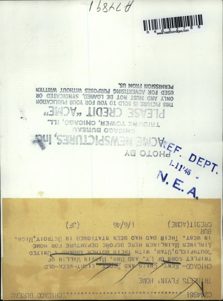 1946 Press Photo Kent, Craig and Scott eight week old triplet sons of