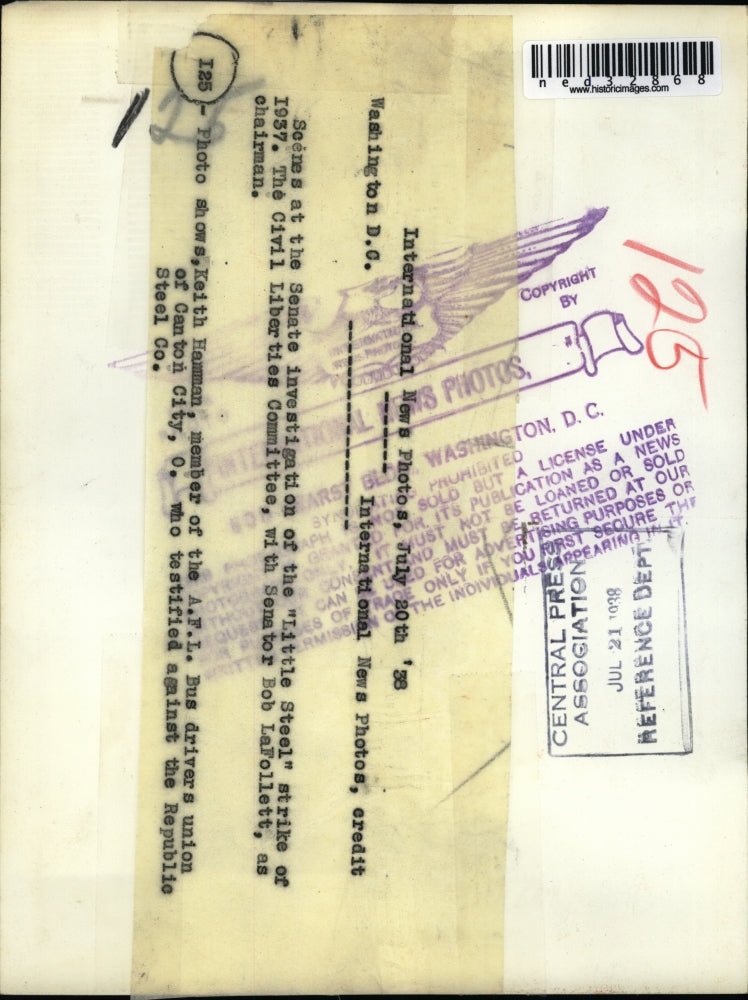 1938 Press Photo Keith Hamman on Senate investigation of the "Little Steel"