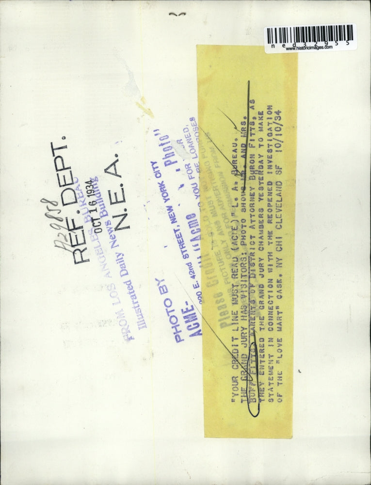 1934 Press Photo photo shows Mr & Mrs Buff Fitts parents of District Attorney