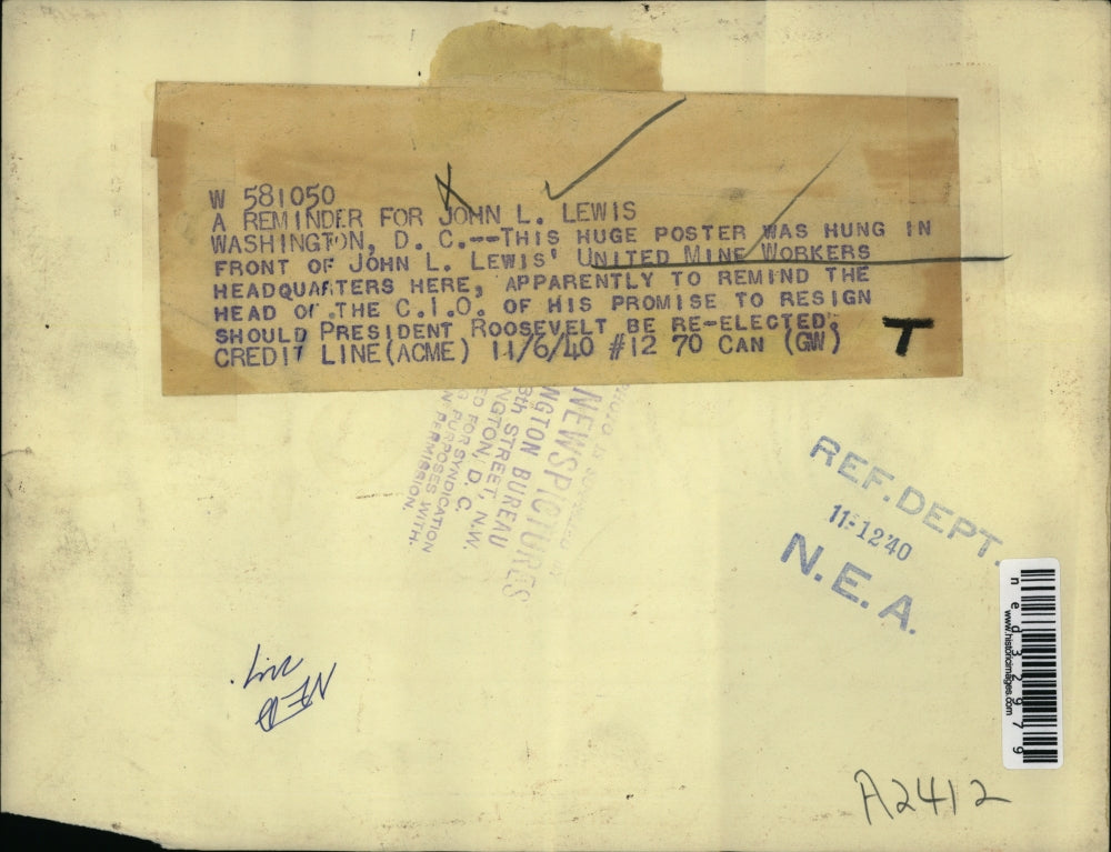 1940 Press Photo Washington DC poster hung in front of John L Lewis United Mine