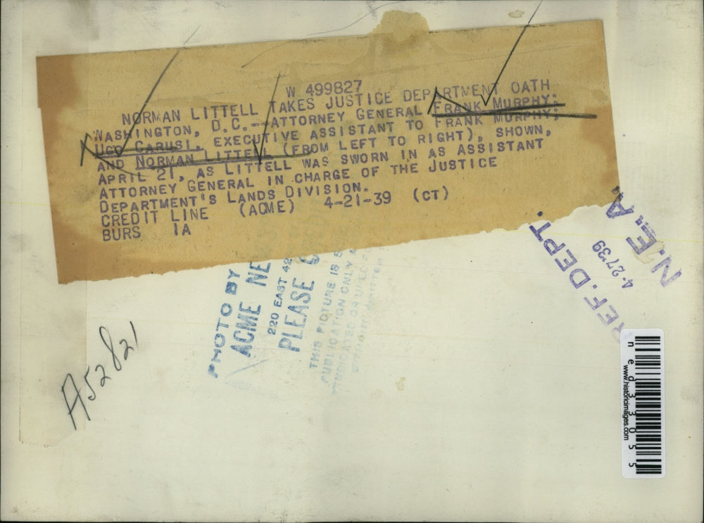 1939 Press Photo Normal Littell takes justice department oath washington