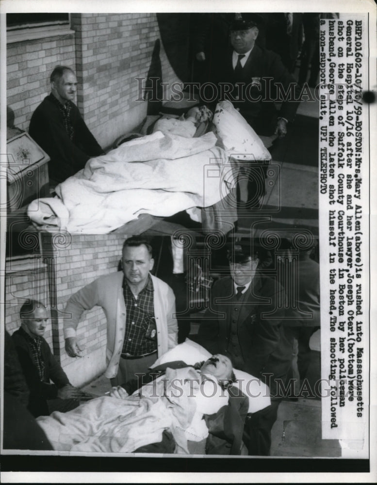 1959 Press Photo Boston Mrs Mary Allenis rushed into Mass. General Hospital