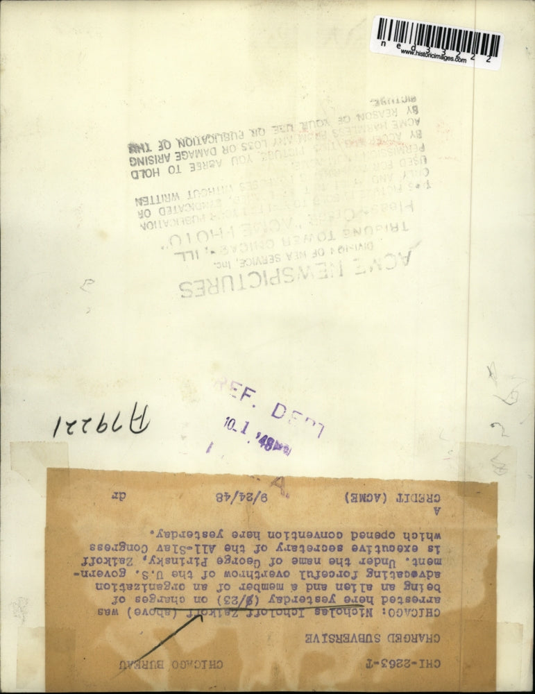 1948 Press Photo Chicago Nicholas Icholoff Zaikohr was arrested yesterday on