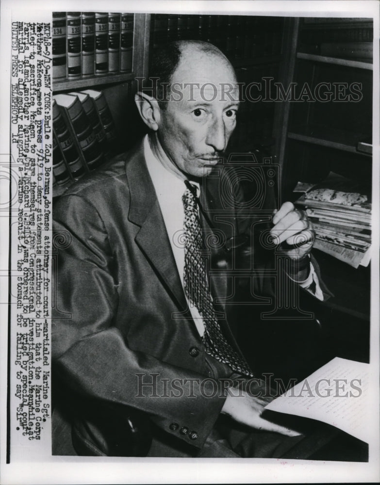 1956 Press Photo Emile Zola Defense Attorney for court martialed Marine Sgt