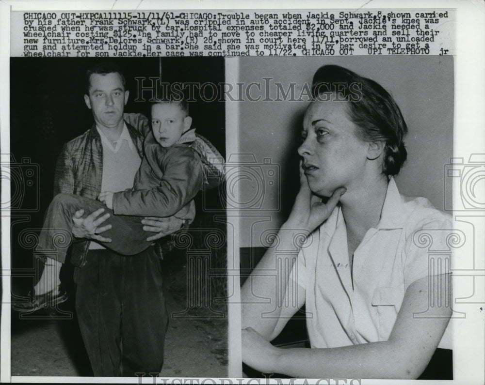 1961 Press Photo J. Schwark carried by father Frank Schwark & mother D. Schwark