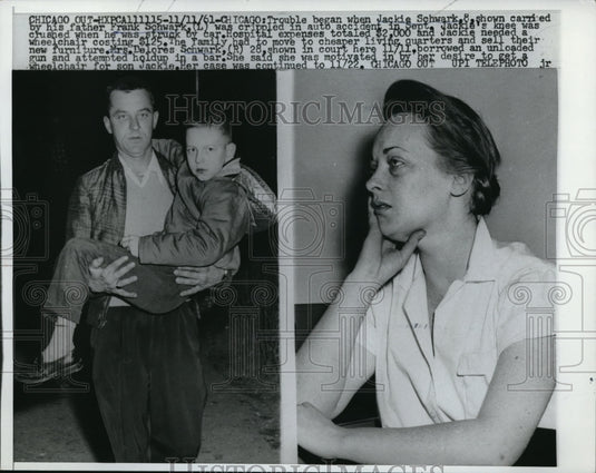 1961 Press Photo J. Schwark carried by father Frank Schwark & mother D. Schwark