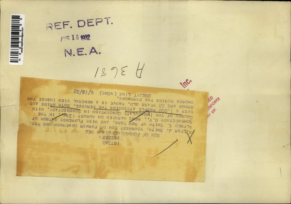 1932 Press Photo W.J. Smith wedding in Church of Immaculate Conception