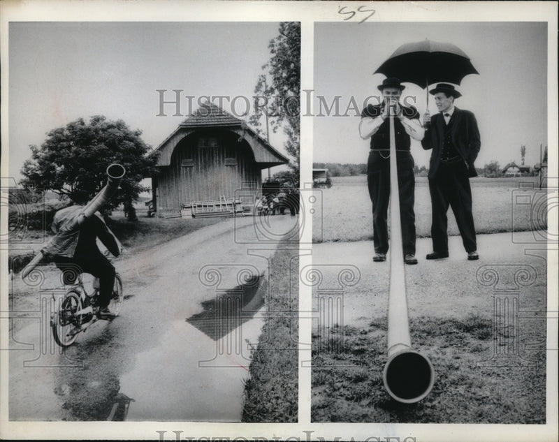 Load image into Gallery viewer, 1963 Press Photo Mr. Liechti with his Alphorn in Switzerland
