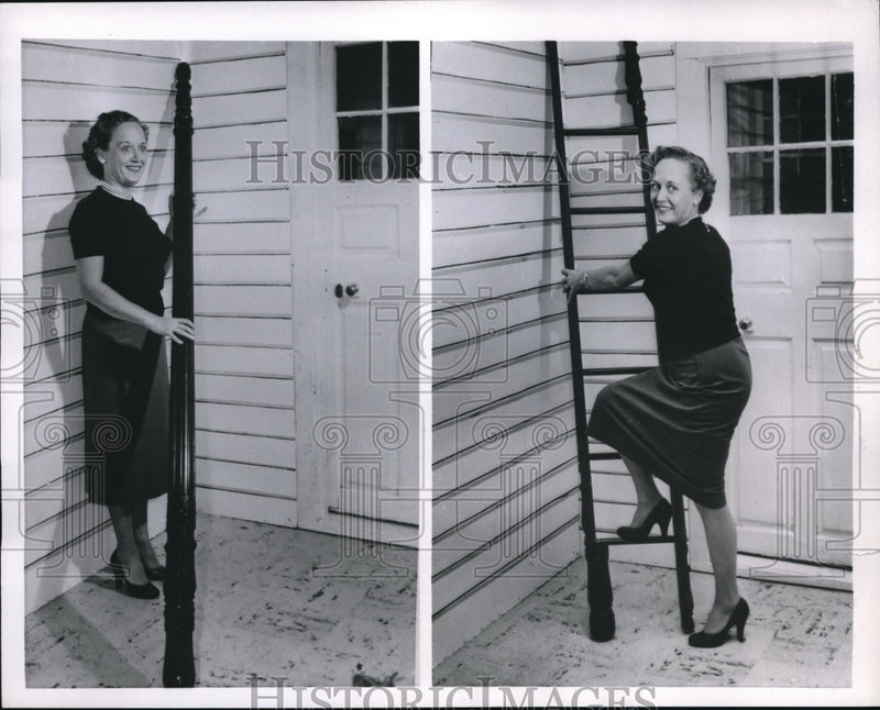 Load image into Gallery viewer, 1954 Press Photo Mrs. Camille Burnett displayed portable ladder - ned33607
