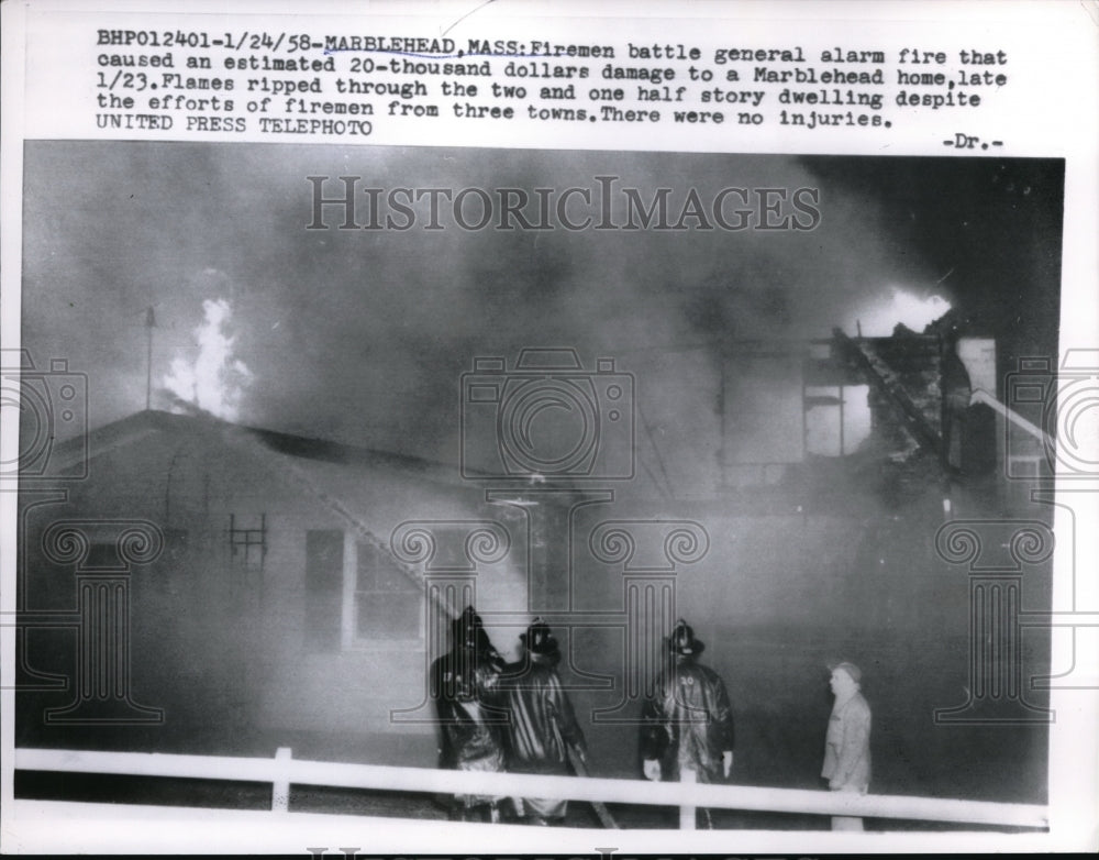 1958 Press Photo Firemen battle general alarm fire in Marblehead, Massachusetts
