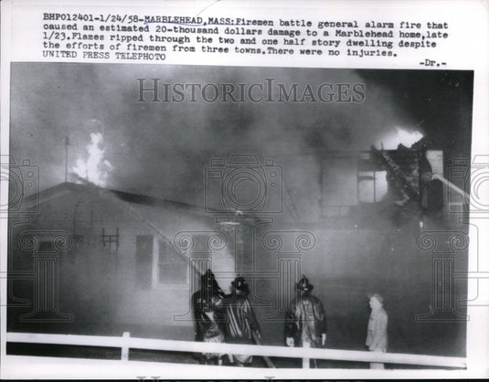 1958 Press Photo Firemen battle general alarm fire in Marblehead, Massachusetts