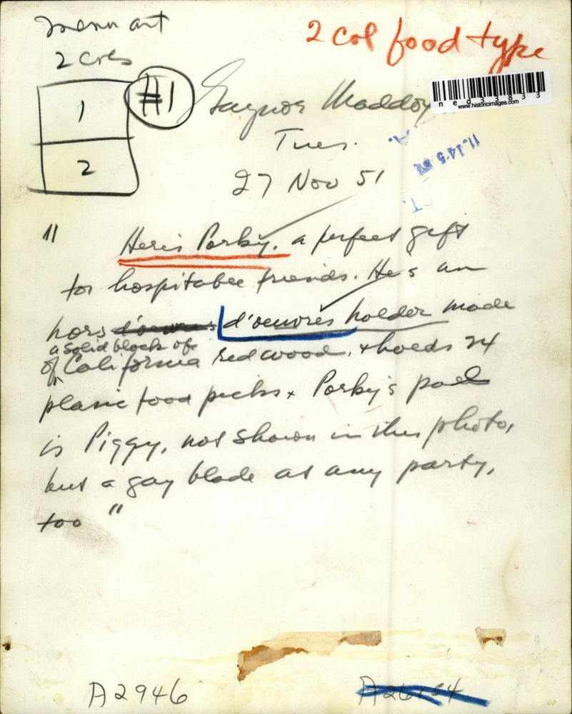 1957 Press Photo Wooden pig hors d'oevres holder