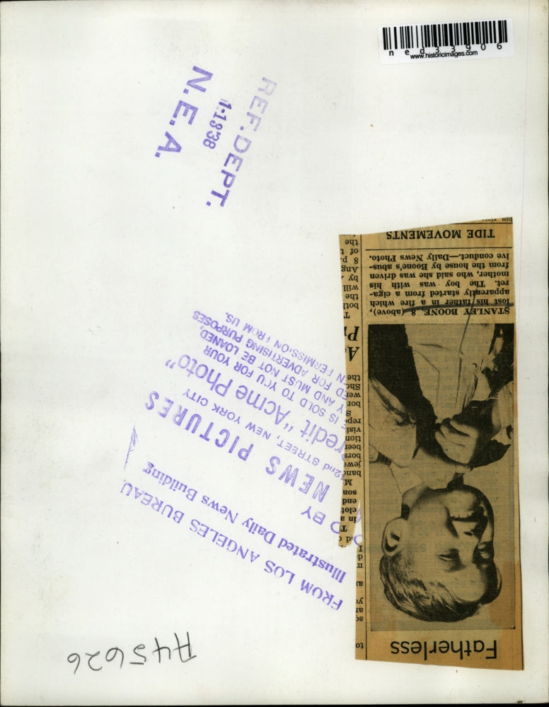 1938 Press Photo Stanley Boone, 8, fatherless after father dies in fire