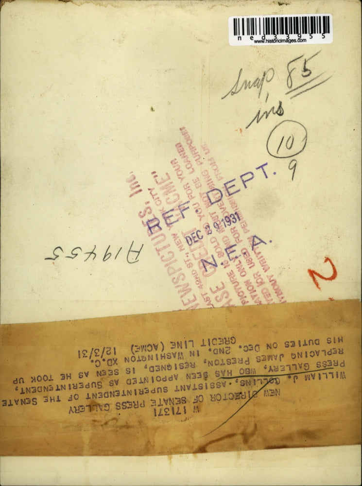 1931 Press Photo William J. Collins, new director of Senate Press Gallery