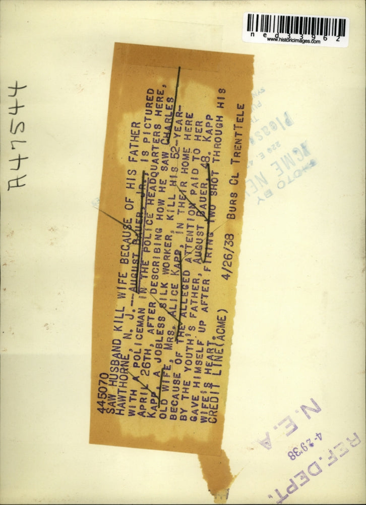 1938 Press Photo August Bauer, Jr. with policeman in police headquarters