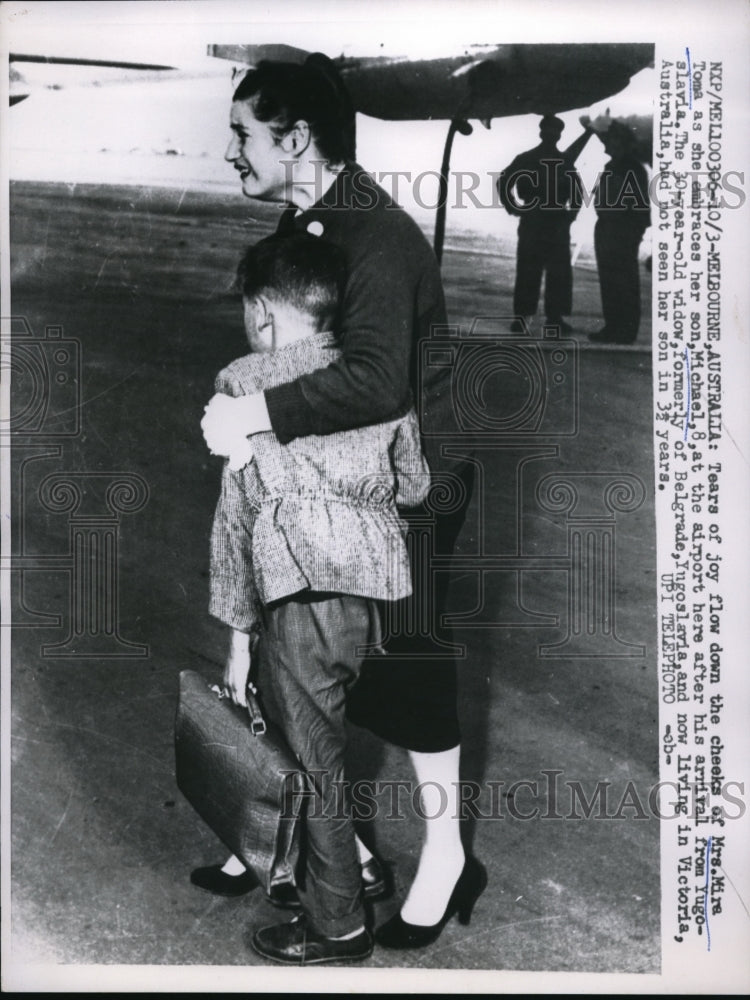 1958 Press Photo Mira Toma cries tears of joy after reuniting with son, Michael- Historic Images