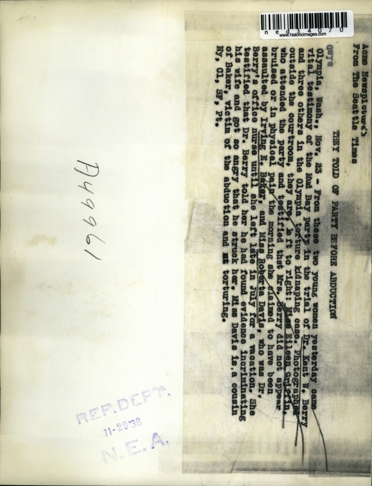 1938 Press Photo Irving Baker and Roberta Davis testifying for Dr. Kent Berry