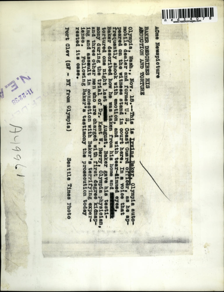 1926 Press Photo Irving Baker appeared in the witness stand in court