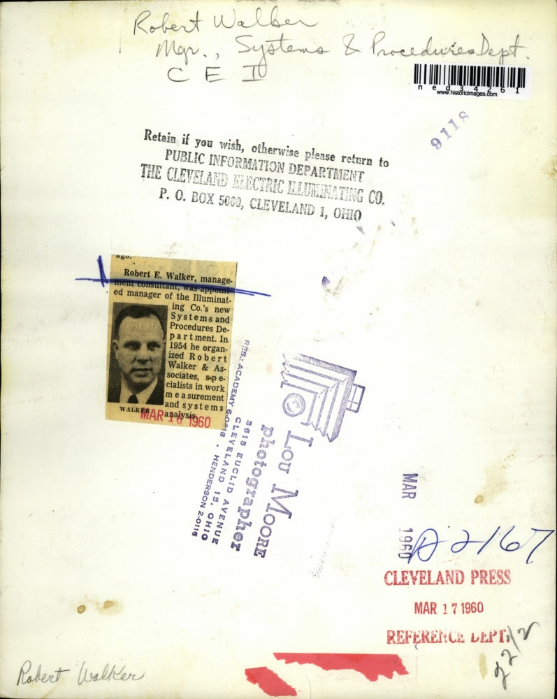 1960 Press Photo Robert E. Walker appointed manager of Illuminating Co.