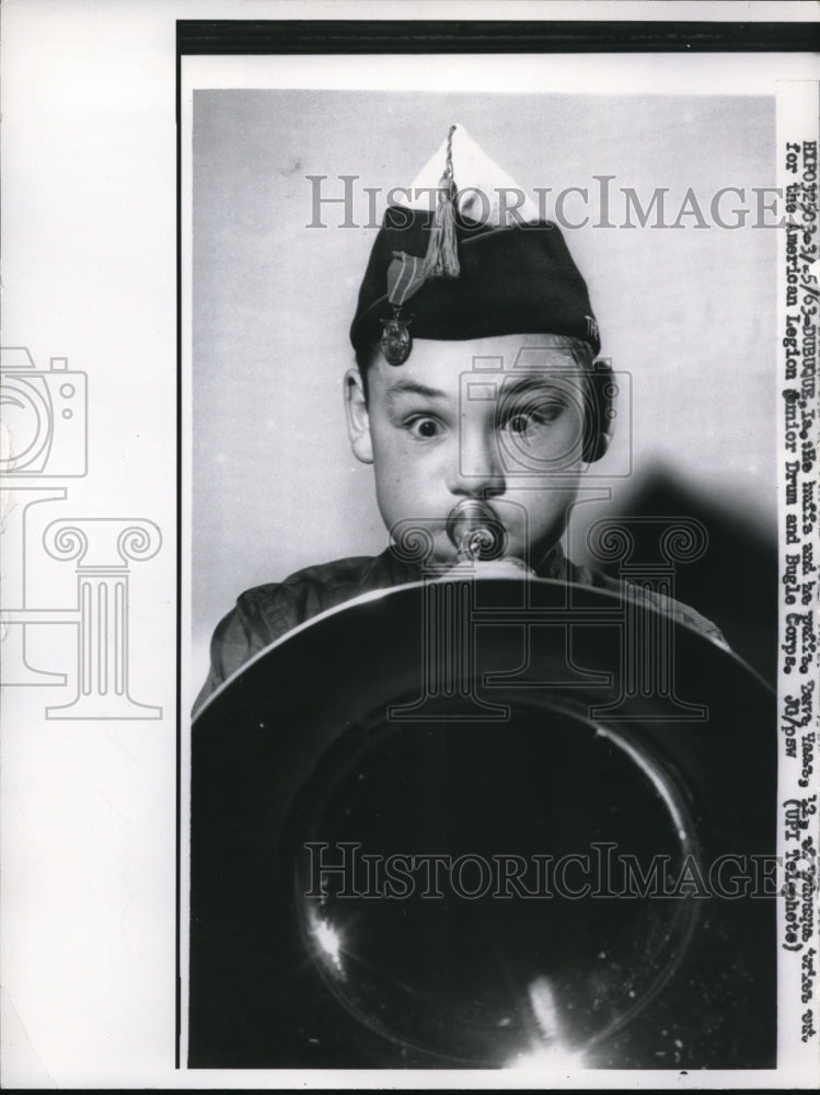 Load image into Gallery viewer, 1963 Press Photo D. Yass tries out for American Legion Junior Drum &amp; Bugle Corps
