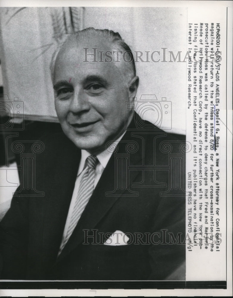 1957 Press Photo Daniel G. Ross, New York attorney for confidential magazine