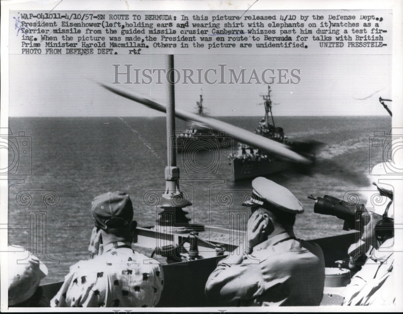 Load image into Gallery viewer, 1957 Press Photo President Eisenhower watches Terrier missile of Canberra
