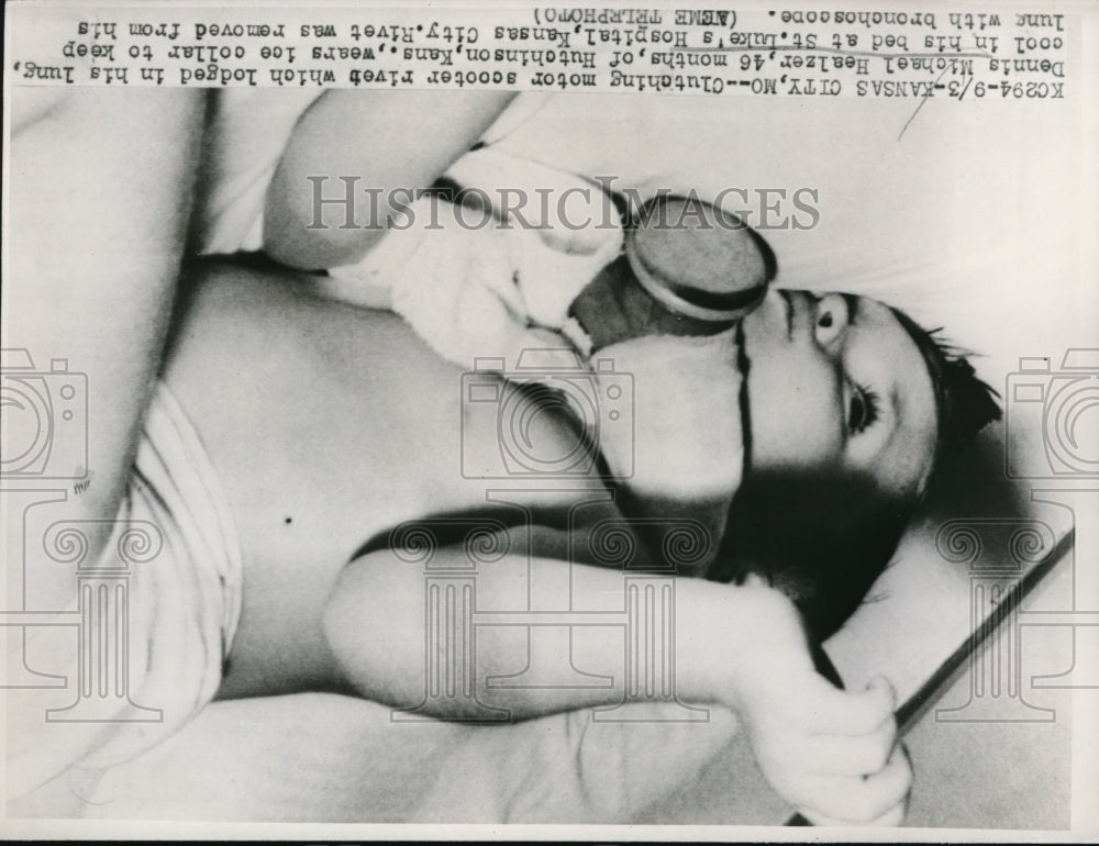 1947 Press Photo Dennis Michael Healzer wears ice collar at St. Luke's Hospital