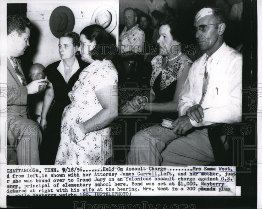 1956 Press Photo Held on assault charge Mrs Emma West with her Attorney James