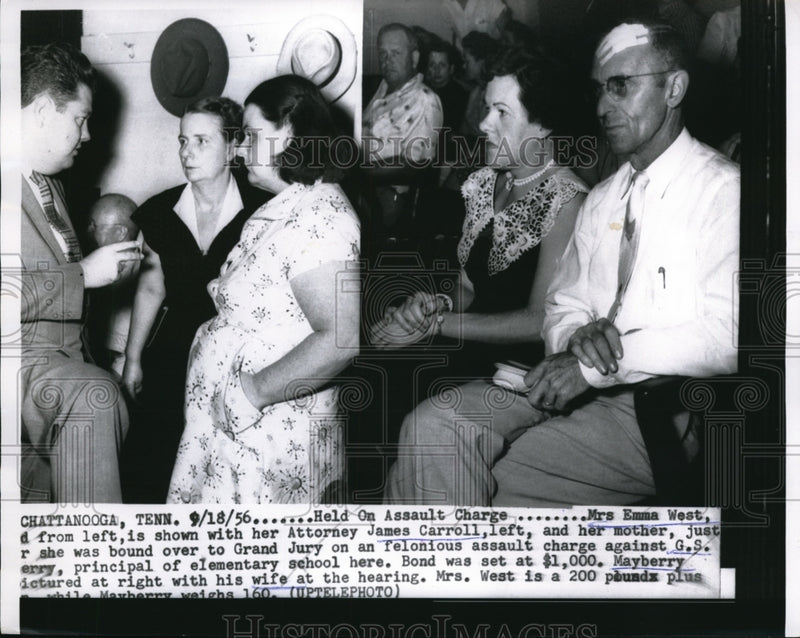 Load image into Gallery viewer, 1956 Press Photo Held on assault charge Mrs Emma West with her Attorney James
