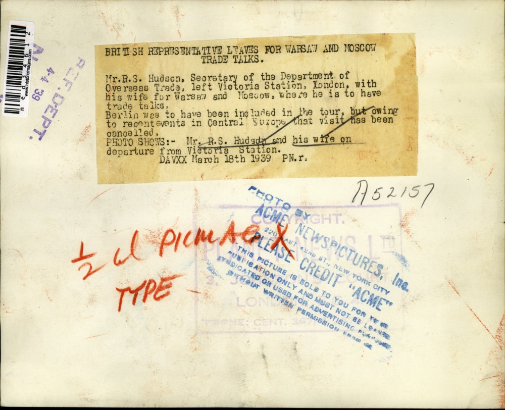 1939 Press Photo MR R S Hudson, Secretary of the Department of Overseas Trade