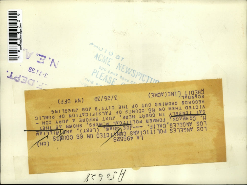 1939 Press Photo Politicians Joe Shaw and William H. Cormack in court