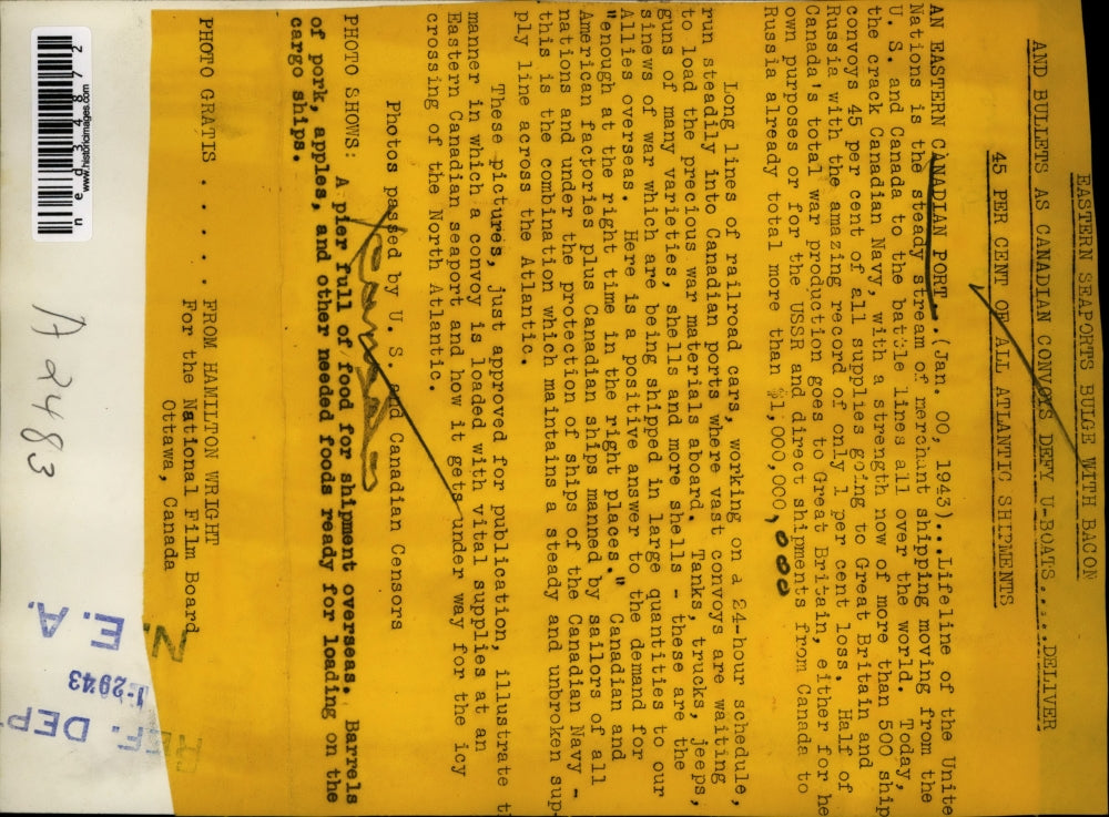 1943 Press Photo Pier full of food for shipment overseas at Canadian Port