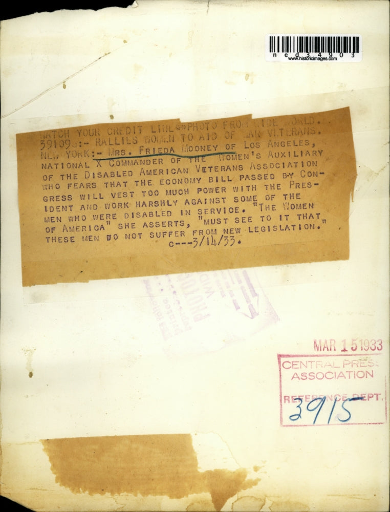 1933 Press Photo Mrs. Frieda Mooney Rallies Women to Aid War Veterans