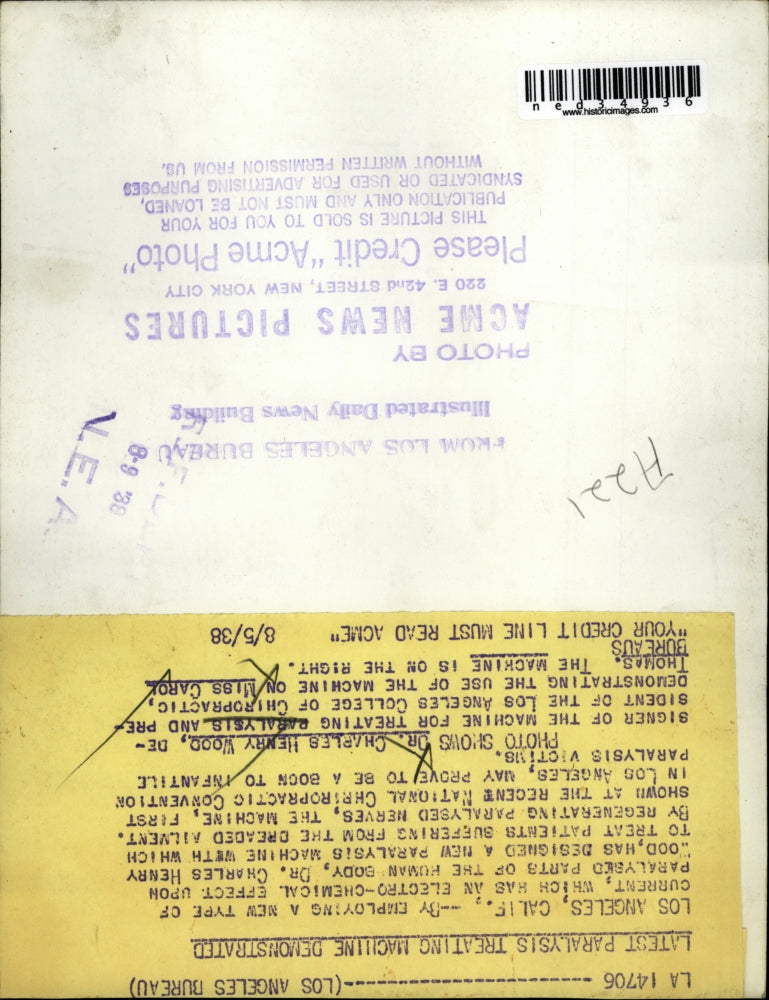 1938 Press Photo Dr. Charles Henry Wood treating paralysis on Miss Carol Thomas