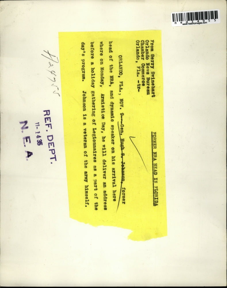 1935 Press Photo Gen Hugh S Jackson former head of the NRA at Orlando Fla.