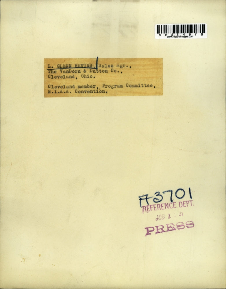 1927 Press Photo L. Glenn Hewins, Sales Manager of The VanDorn & Dutton Co.