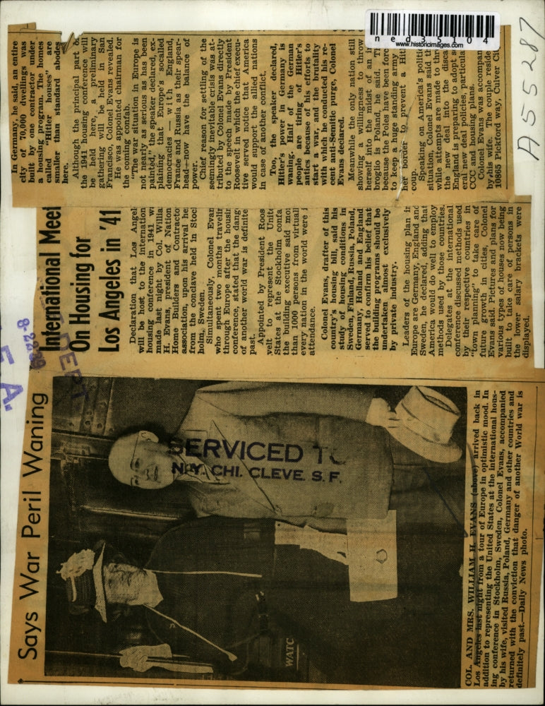 1939 Press Photo Col. and Mrs William H Evans arrived back in Los Angeles last