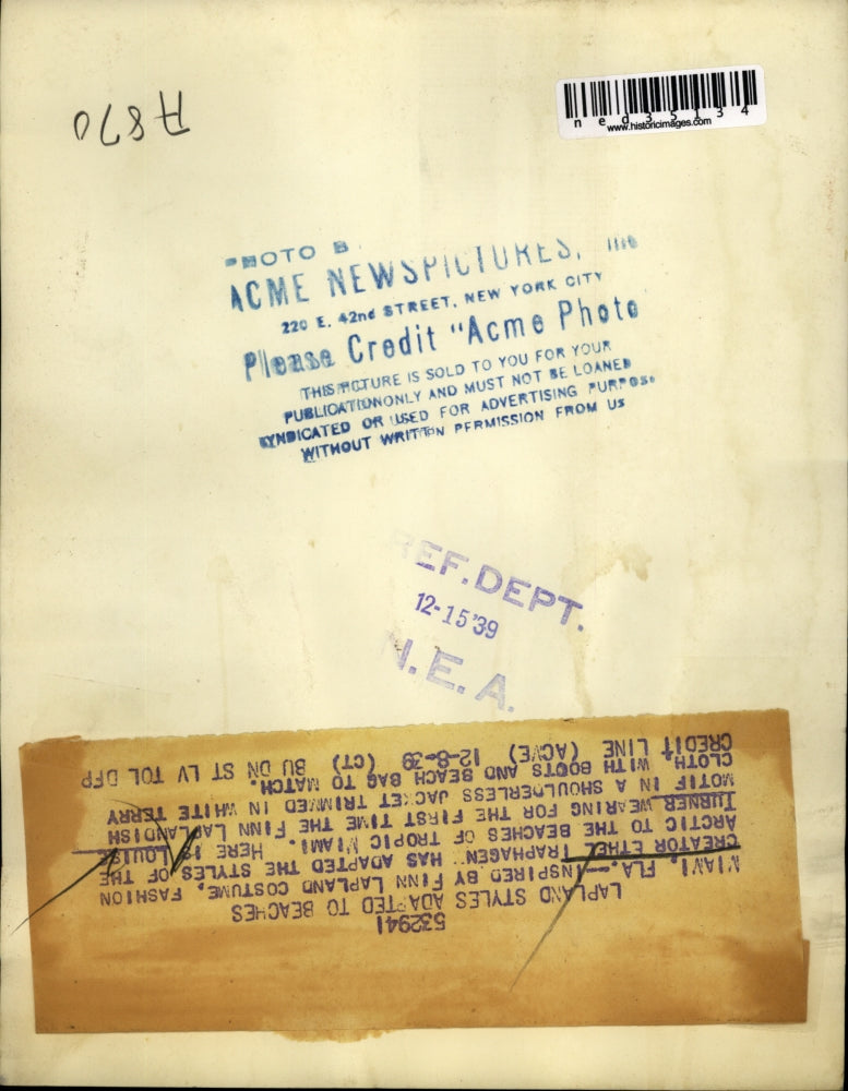 1939 Press Photo Louise Turner Wearing Finn Laplandish Motif