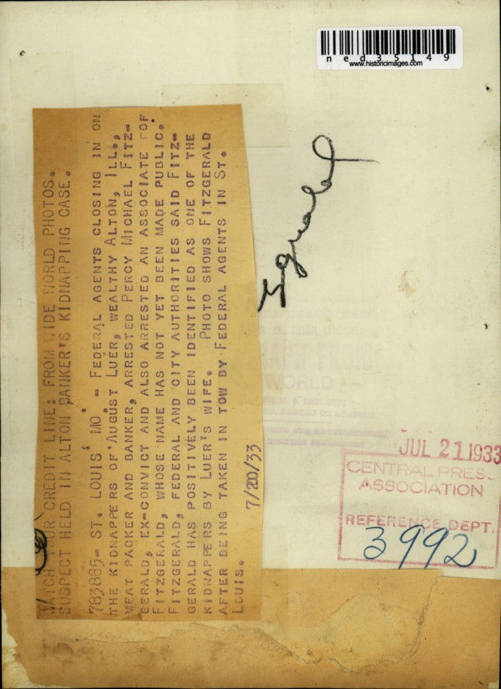 1933 Press Photo Percy Michael Fitzgerald Arrested For Kidnapping