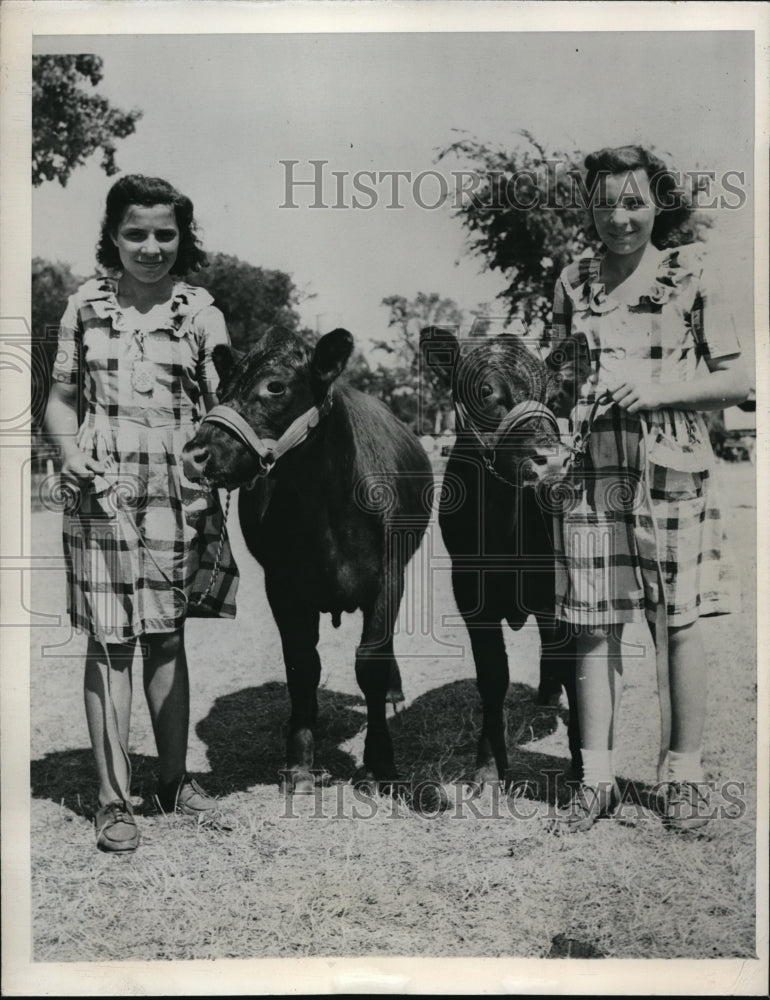 Load image into Gallery viewer, 1927 Press Photo Mary and Myra Long Exhibit Twin Calves At Milford Fair
