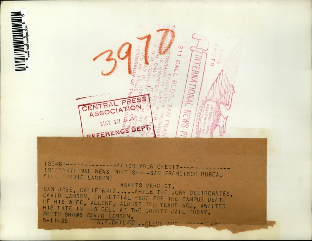 1935 Press Photo David Lamson awaits verdict in his cell at county jail