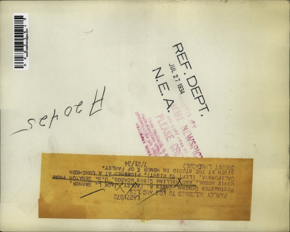 1934 Press Photo J.A. Farley, J.L. Warner & W.G. McAdoo at a luncheon