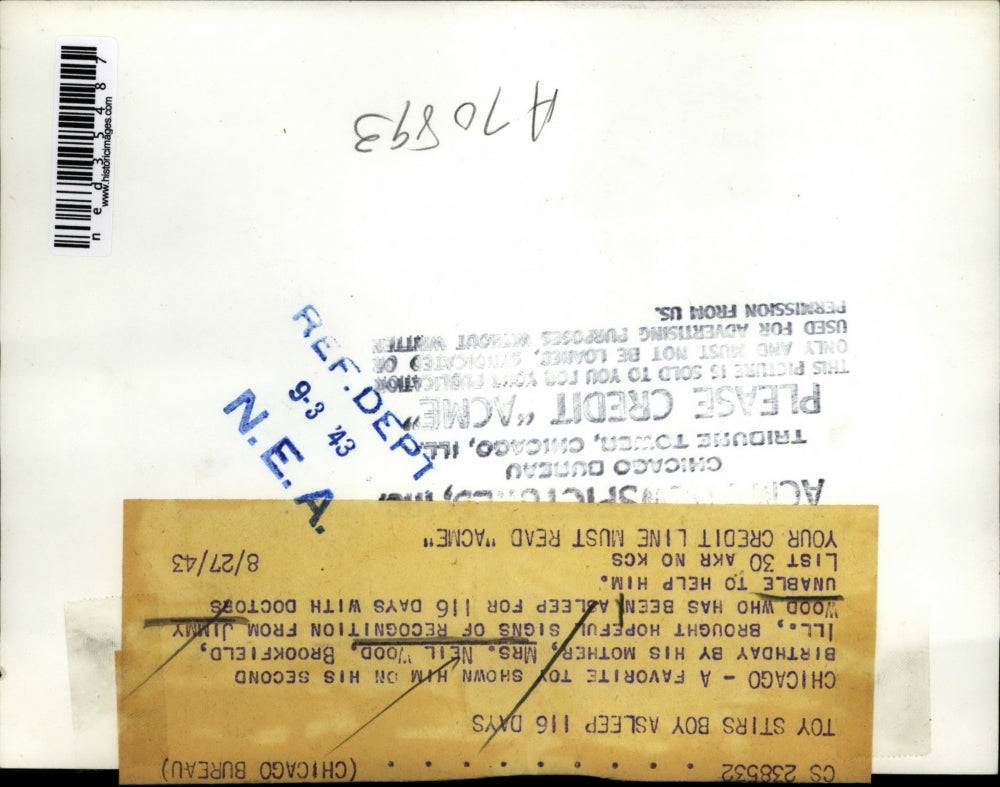 1943 Press Photo Son of Mrs. Neil Wood is Jimmy who has been sleep for 116 days