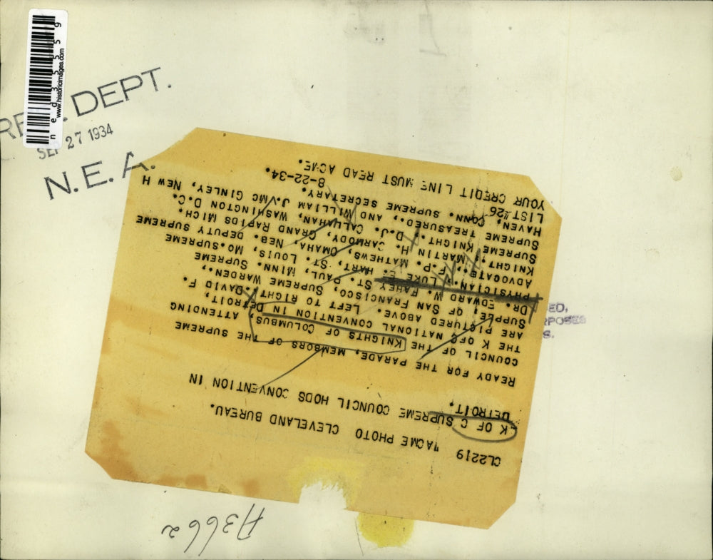 1934 Press Photo K of C Supreme Council Convention at Detroit