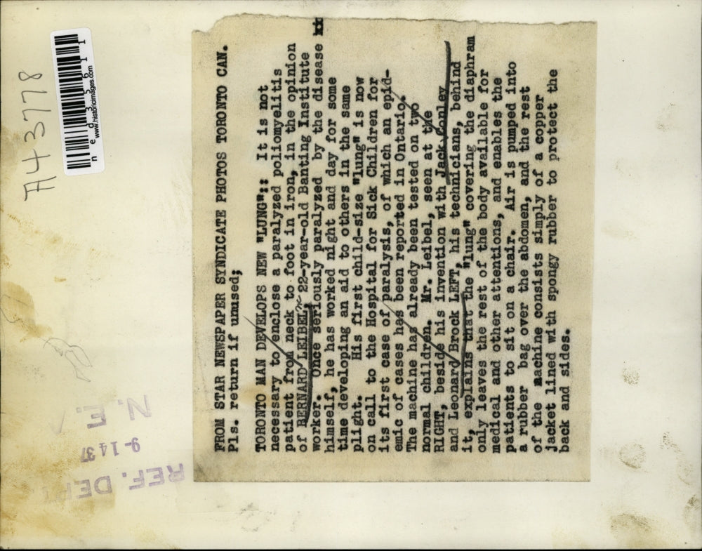 1937 Press Photo Toronto man develops new Lung it is not necessary to enclose a