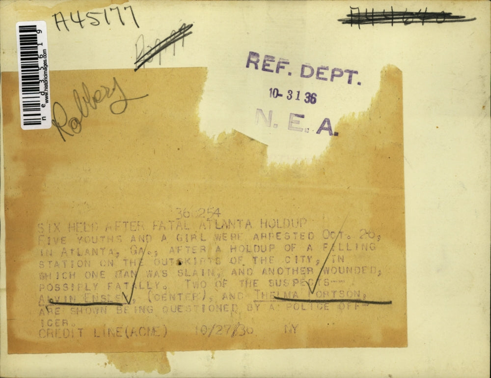 1936 Press Photo Alvin Enslek and Thelma Fortson being questioned