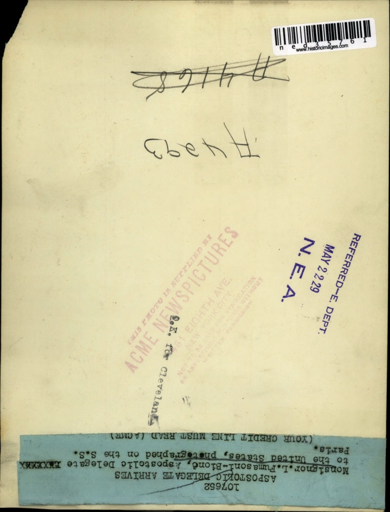 1929 Press Photo Monsignor L. Pumasoni-Blonc, Apolstolic Delegate to the United