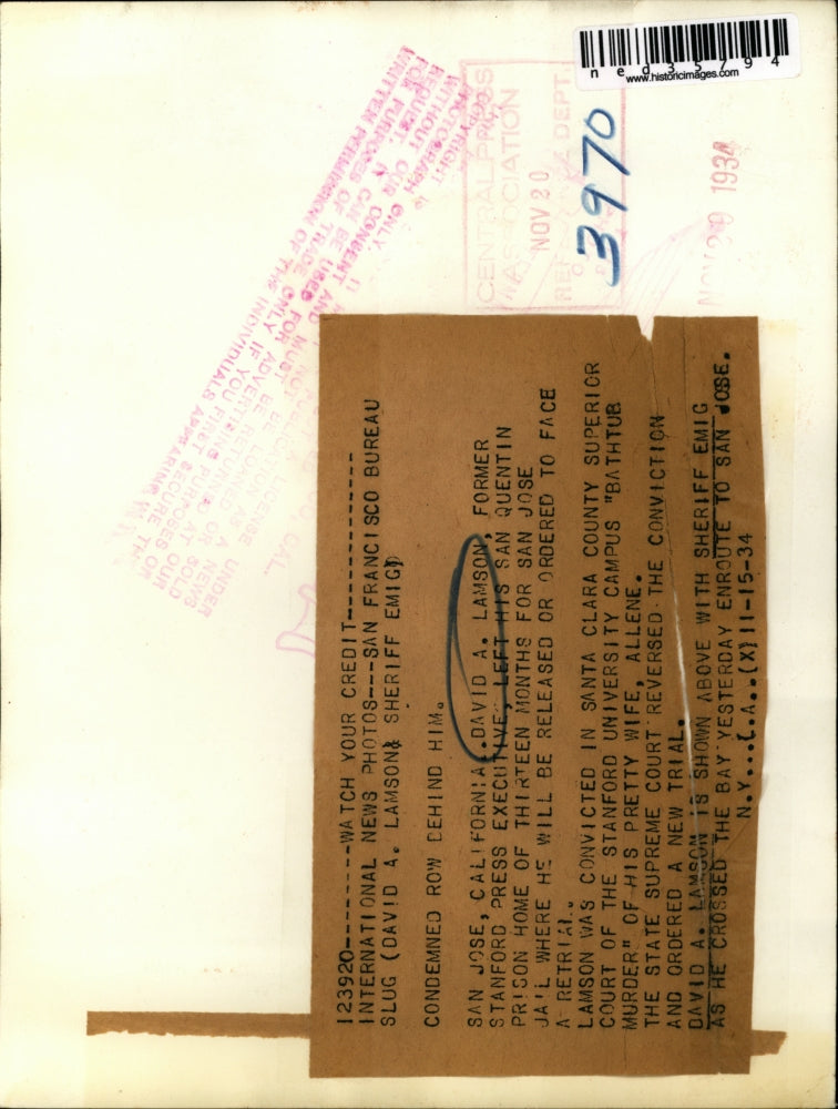 Load image into Gallery viewer, 1934 Press Photo David A Lamson convicted Bathtub Murder of his Wife Allene
