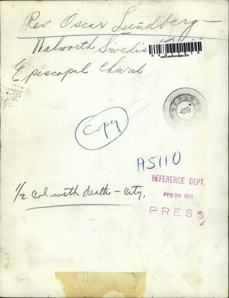 1935 Press Photo Rev. Oscar Lundberg, Episcapel Church