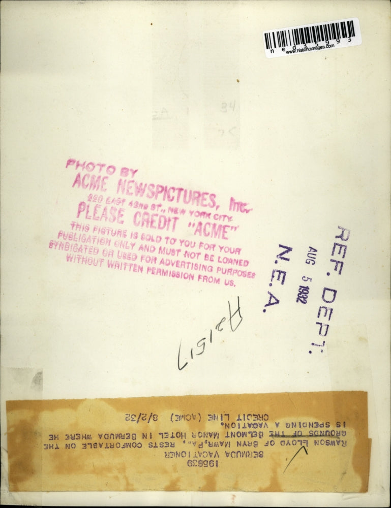 1932 Press Photo Rawson Lloyd, Bermuda Vacay